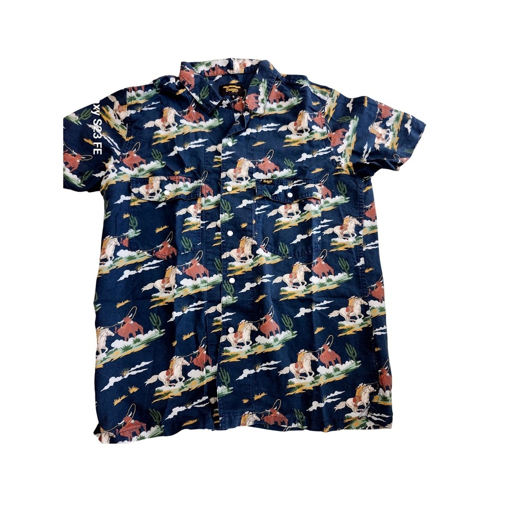 Seager Western Buffalo Print Shirt Mens Small Navy Blue Linen Blend Pearl Snap